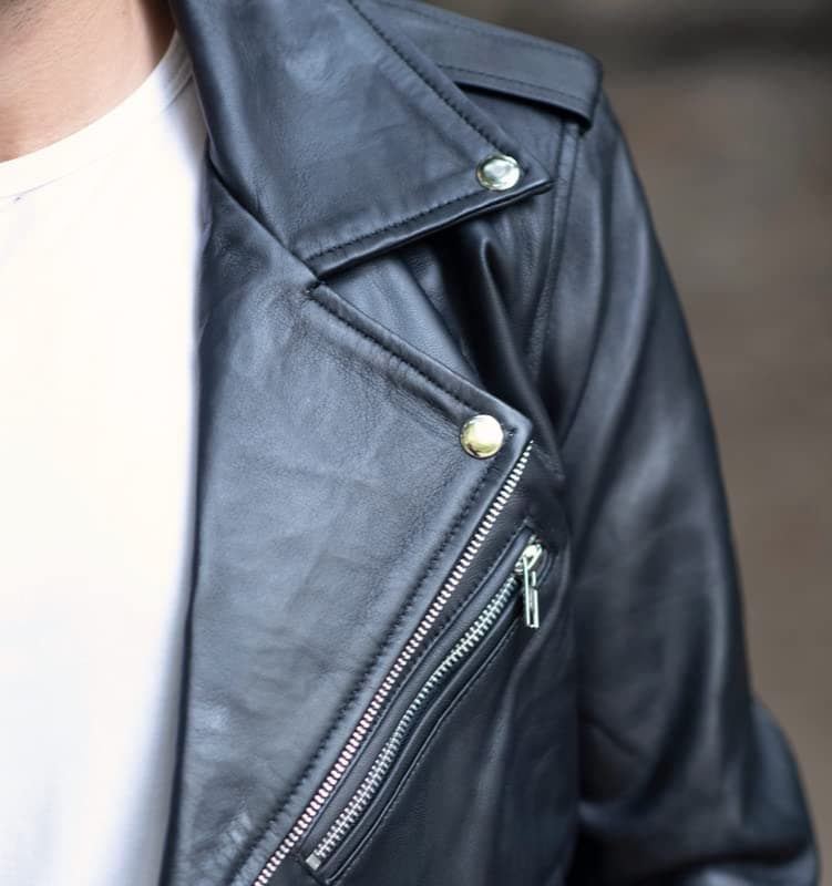 TLC Men's Notch Collar Leather Biker Jacket - Black with Zipper Cuff