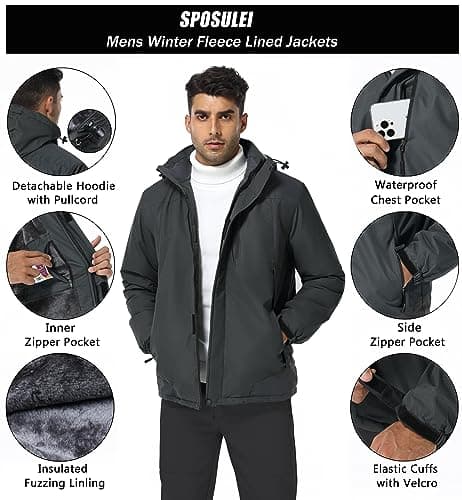 SPOSULEI Mens Waterproof Skiing Jacket with Hood Windproof Fleece Liner Multi Pockets
