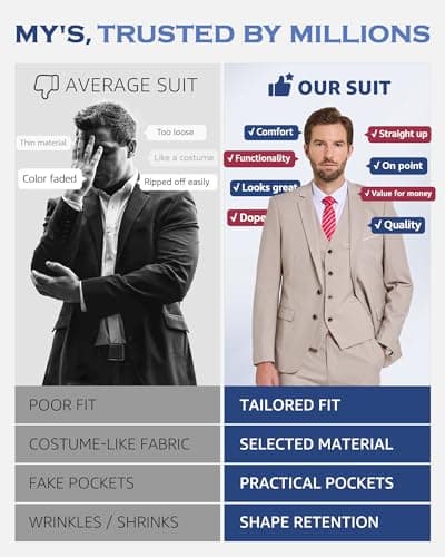 MY'S Men's 3-Piece Slim Fit Suit Set with Blazer, Vest, Pants, and Tie for Weddings
