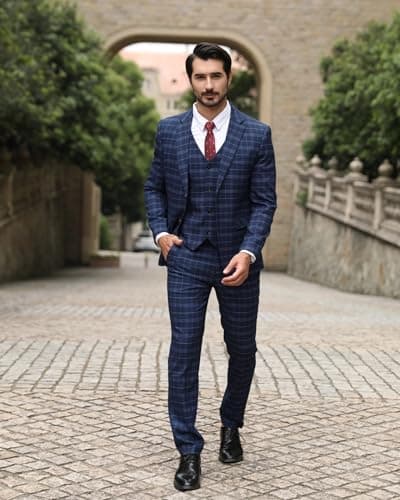 Cloudstyle Men's Slim Fit Checked Blue/Black Single Breasted Vintage Suit