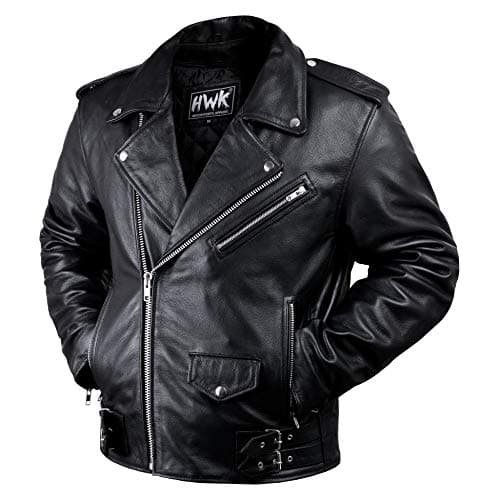 HWK Brando Genuine Black Leather Motorcycle Jacket with CE Armor & Thermal Lining - Medium