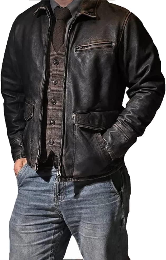 Vintage-Styled Mens Real Leather Biker Jacket with Distressed Exterior