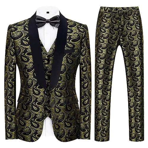 KUDMOL Mens Slim Fit Paisley Tuxedo Suit Prom Night One Button Blazer Vest Pants Set