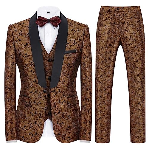 Kudoro Mens Slim Fit 3 Piece Tuxedo Suit Set for Prom Wedding Paisley Jacket Pants