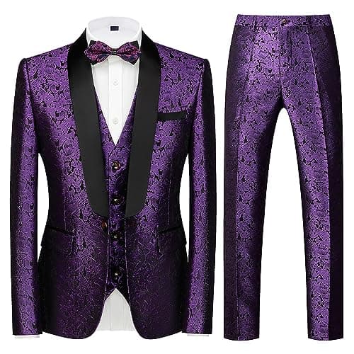 Kudoro Mens Slim Fit 3 Piece Tuxedo Suit Set for Prom Wedding Paisley Jacket Pants