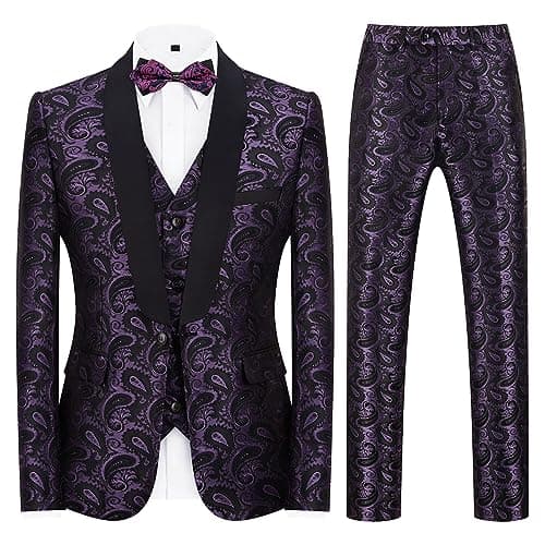 KUDMOL Mens Slim Fit Paisley Tuxedo Suit Prom Night One Button Blazer Vest Pants Set