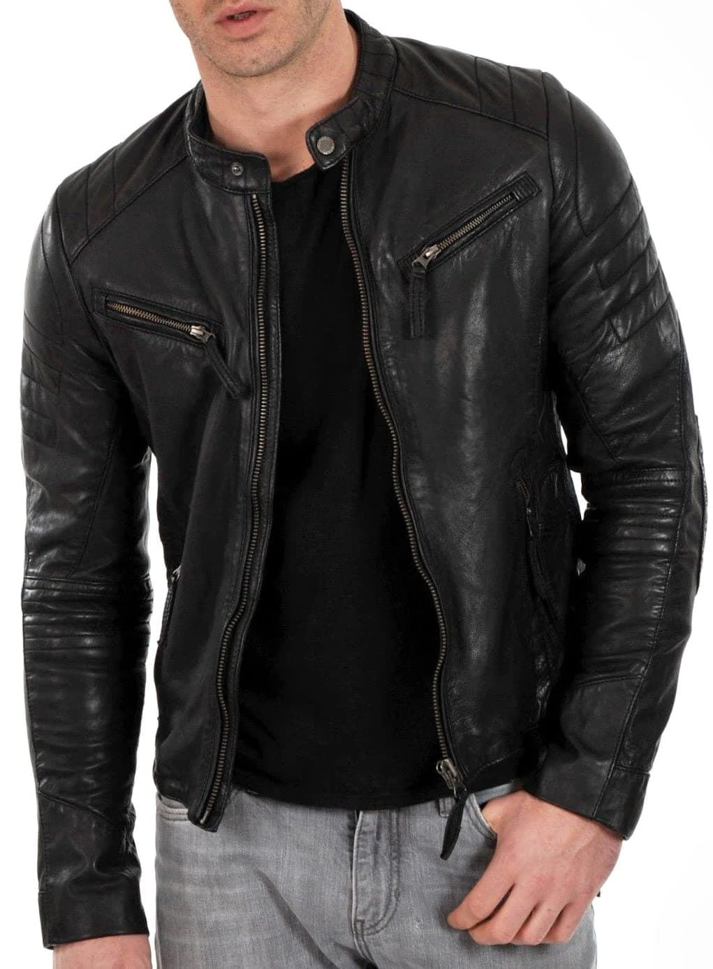 DECIMAL Men's Black & Brown Genuine Lambskin Leather Biker Jacket VINTAGE MOTORCYCLE JACKETS