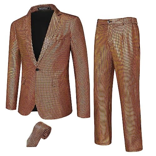 WULFUL Men's 70s Disco Outfit Sequin Jacket & Pants for Halloween Party