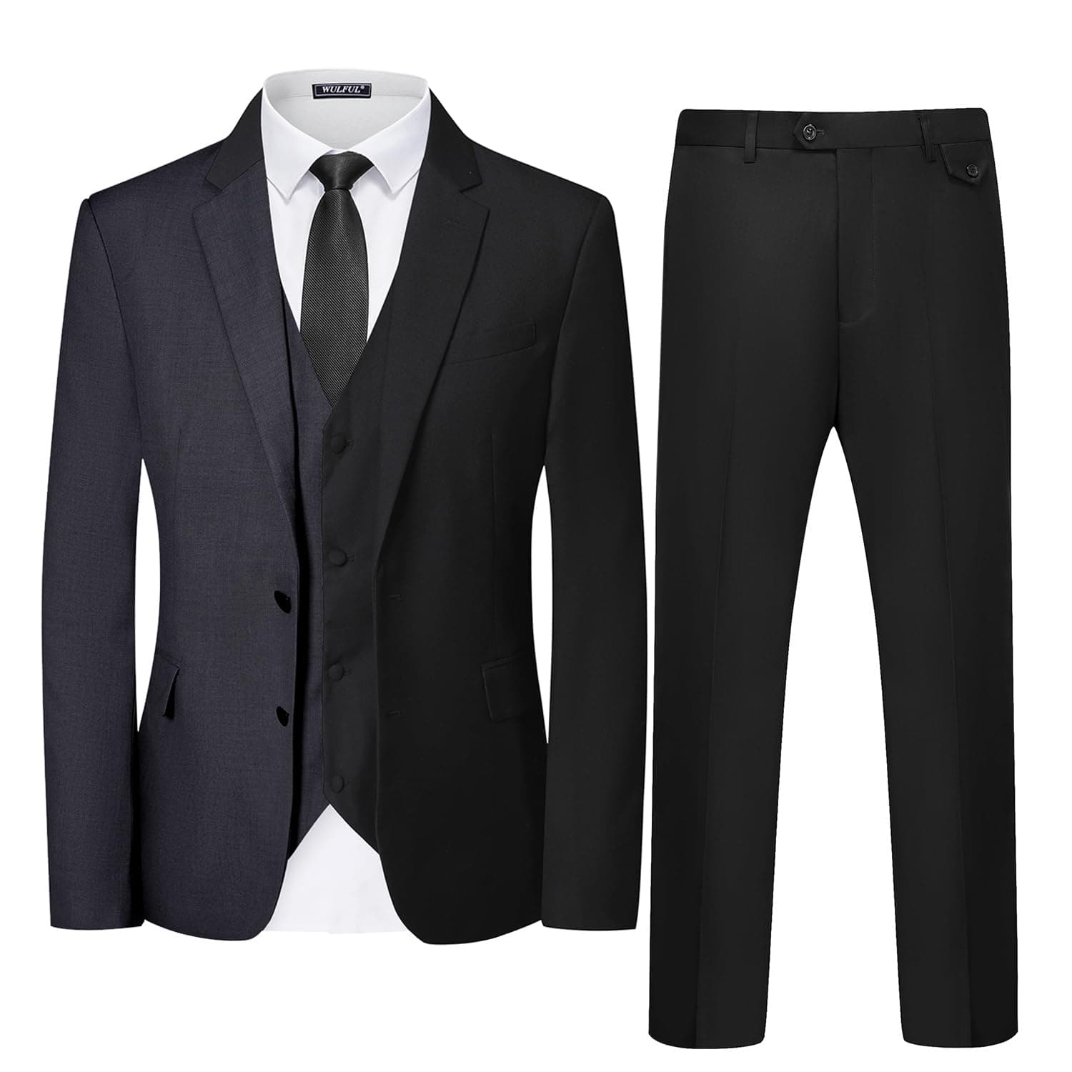 WULFUL Men's Slim Fit 3-Piece Tuxedo Suit Set Black/Grey