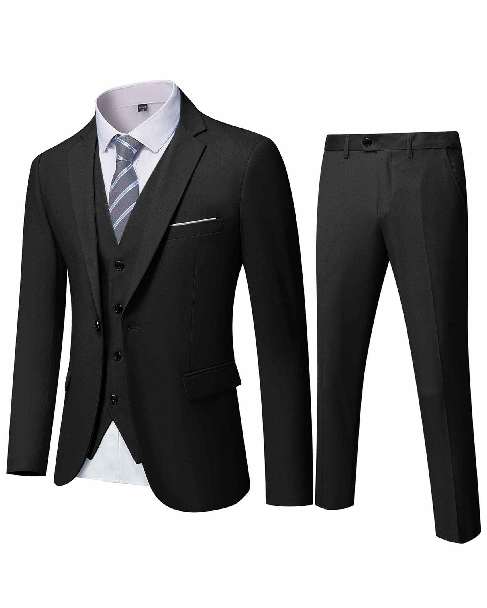 MYS Men's Solid Black 3-Piece Slim Fit Suit Vest, Pants & Tie