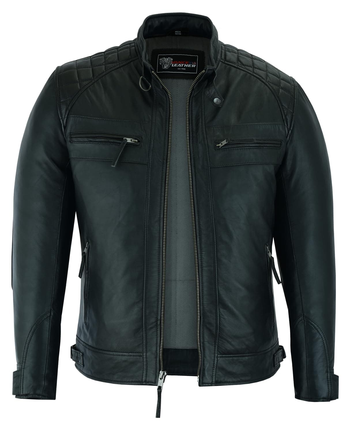 Vance Leather Men's Austin Brown Waxed Lambskin Cafe Racer Motorcycle Jacket