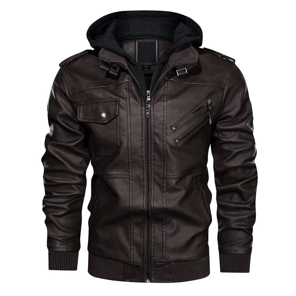 Men's Vintage Leather Motorcycle Jacket with Removable Hood