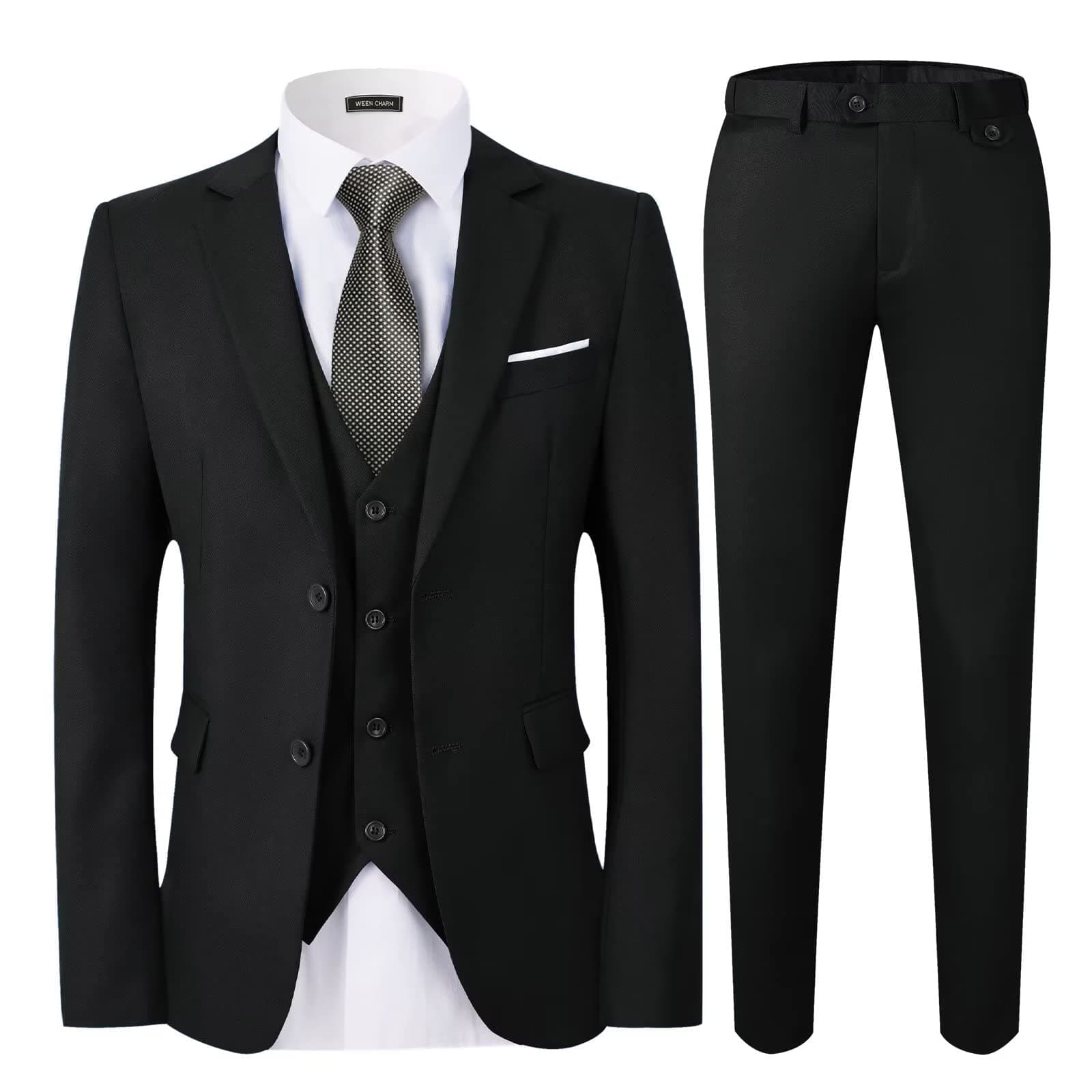 WEEN CHARM Men's Slim Fit 3-Piece Tuxedo Suit 2-Button Jacket Pants Tie