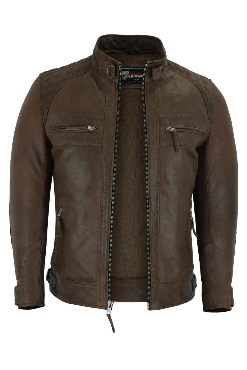 Vance Leather Austin Brown Men's Waxed Lambskin Cafe Racer Motorcycle Jacket