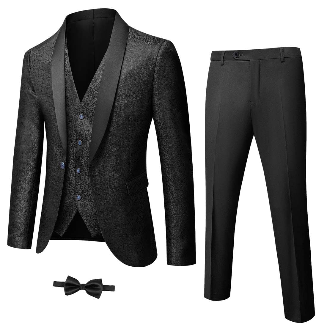 YND Men's Slim Fit Tuxedo Set with Floral Jacket Vest Pants & Bow Tie