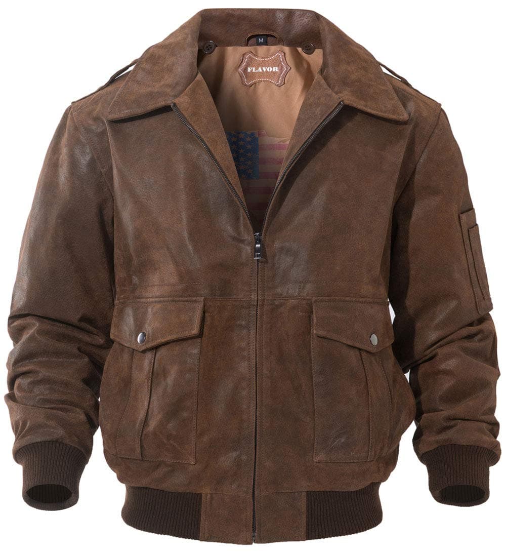 FLAVOR Men's Leather Flight Bomber Jacket