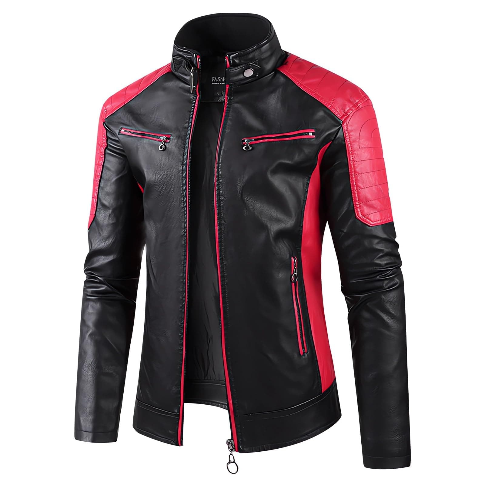 Mens Lightweight Color Block Faux Leather Racing Jacket Stand Collar