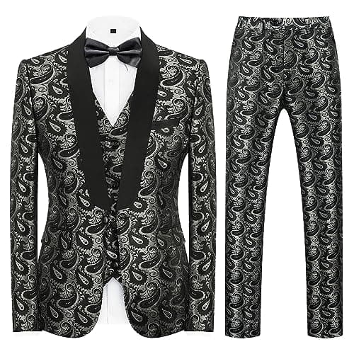 KUDMOL Mens Slim Fit Paisley Tuxedo Suit Prom Night One Button Blazer Vest Pants Set