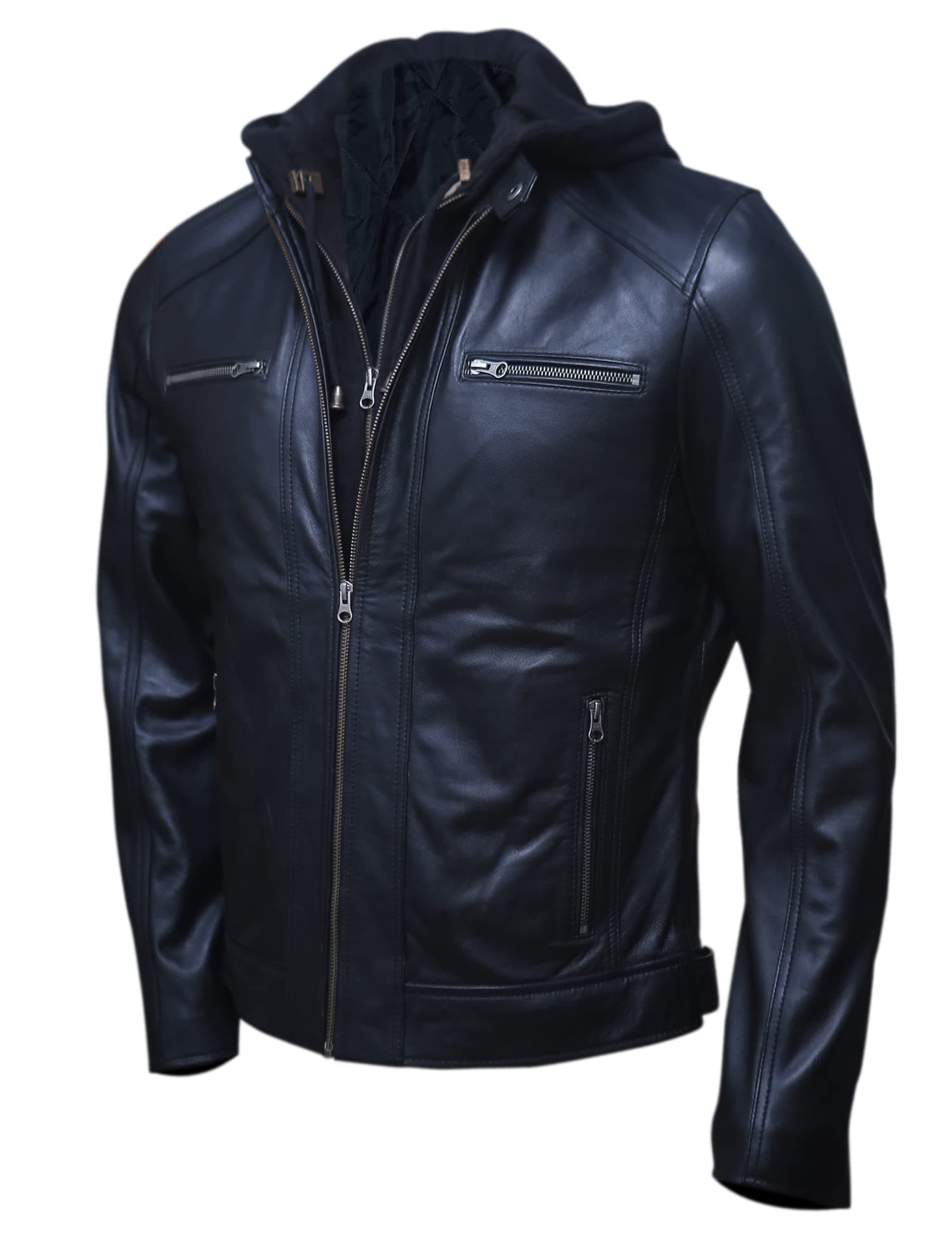 Artistry Leather Mens Genuine Lambskin Motorcycle Jacket Black Brown with Hood