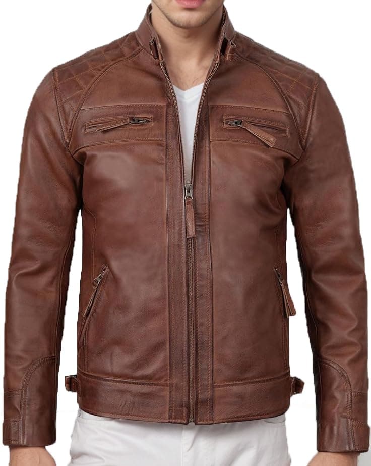 DECIMAL Men's Black Genuine Lambskin Leather Biker Jacket