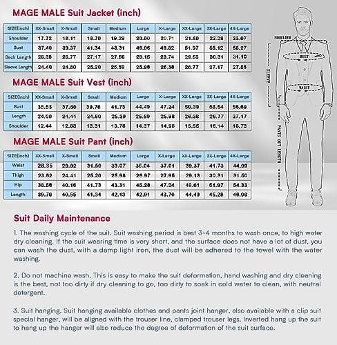 MAGE MALE Men's Slim Fit 3-Piece Tuxedo Suit Set with Blazer, Vest, Pants, and Tie for Prom and Weddings