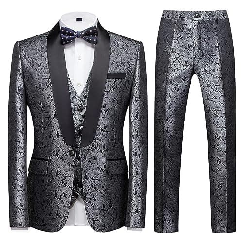 Kudoro Mens Slim Fit 3 Piece Tuxedo Suit Set for Prom Wedding Paisley Jacket Pants