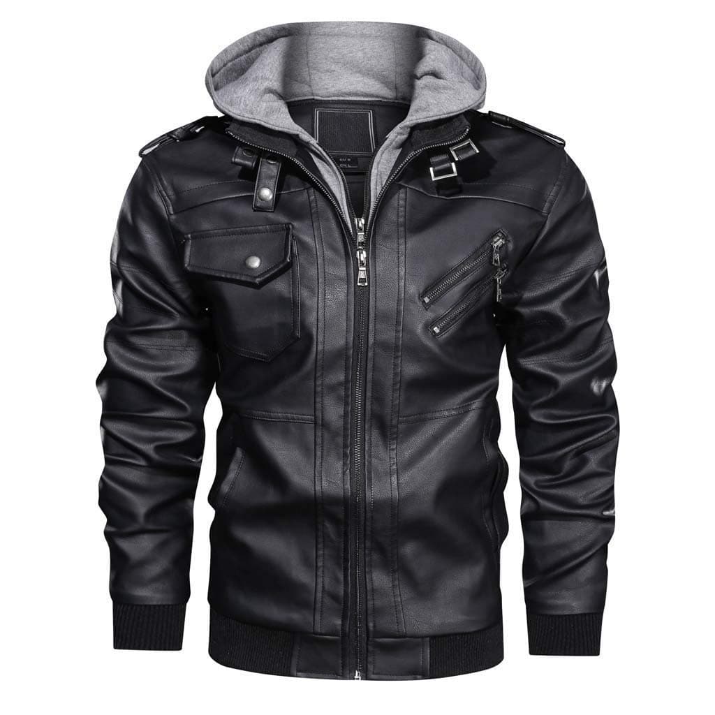 Men's Vintage Motorcycle Biker Jacket with Removable Hood for Fall/Winter