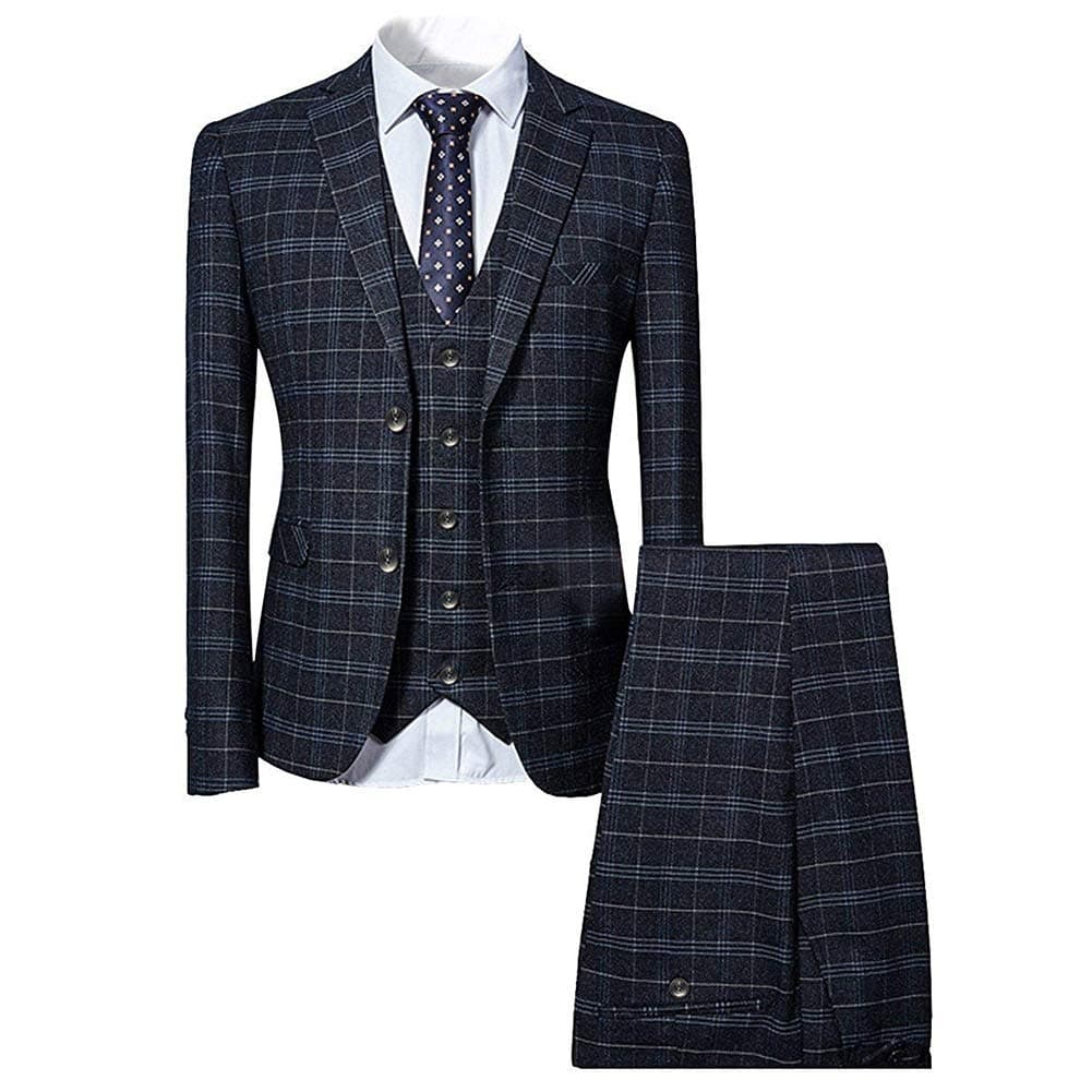 Cloudstyle Mens Slim Fit Blue/Black Checked Single Breasted Vintage Suit