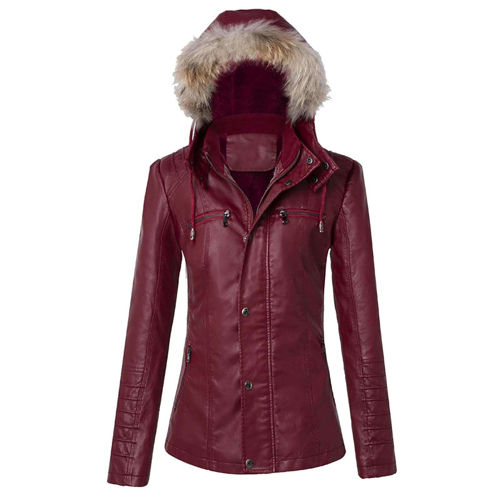 YMADREIG Women's Faux Leather Zip-Up Hooded Moto Jacket