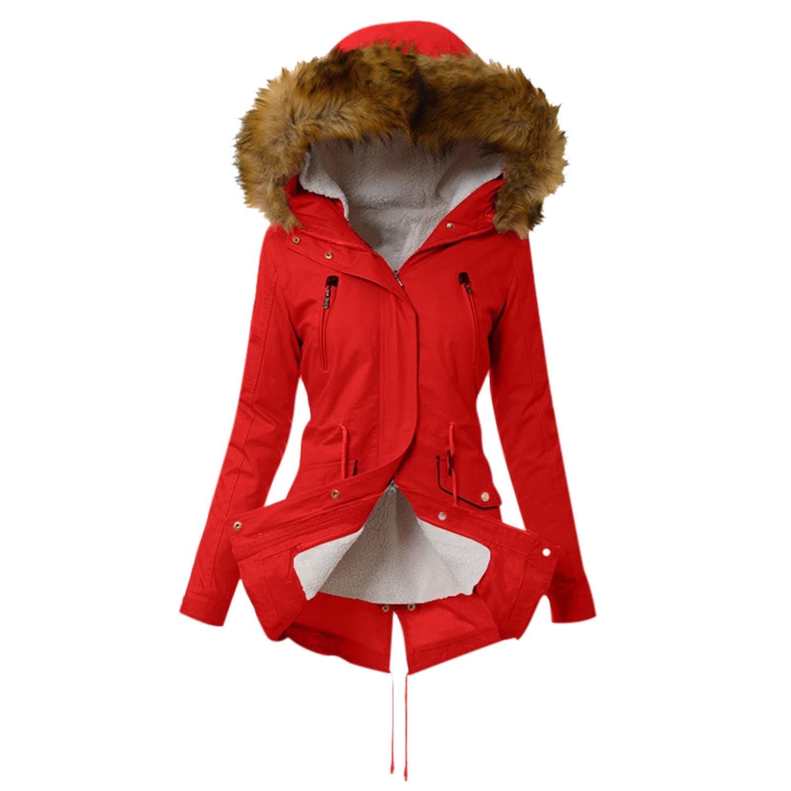 YMADREIG Women's Warm Winter Fleece Jacket with Fur Hood Windproof Coats