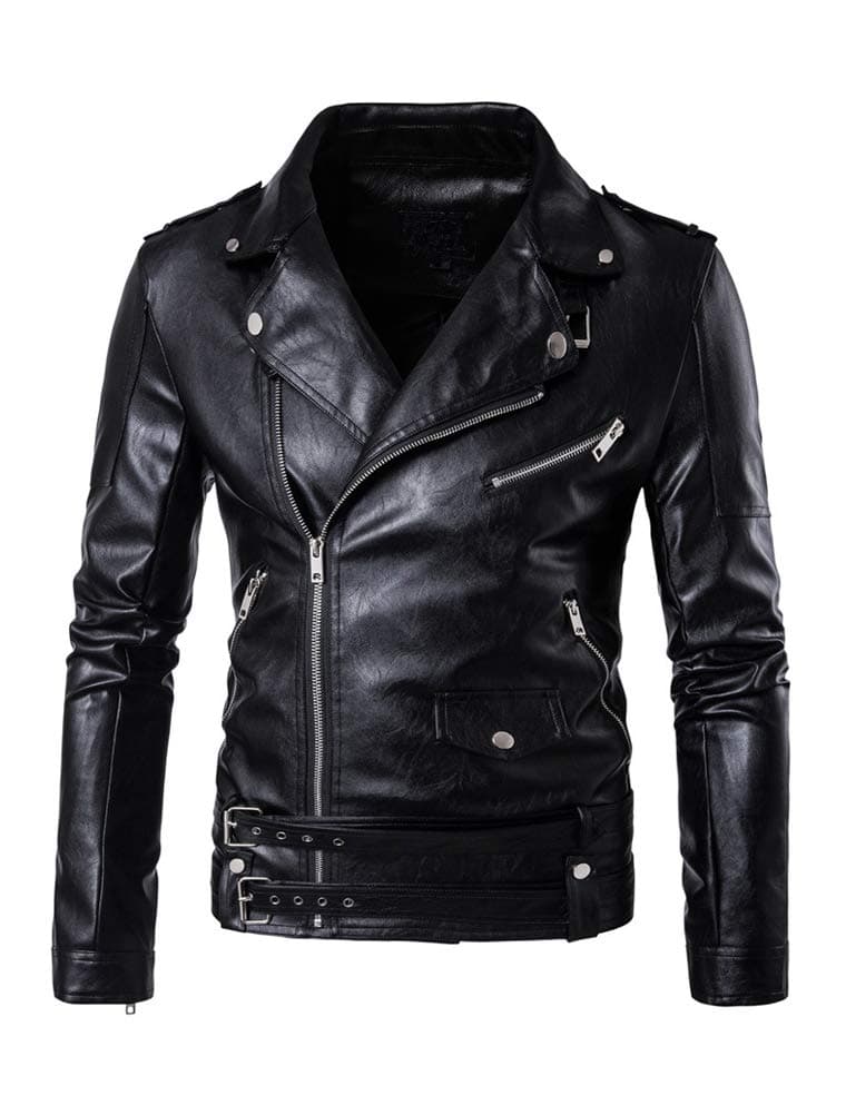 PASOK Men's PU Leather Zipper Biker Jacket with Belt