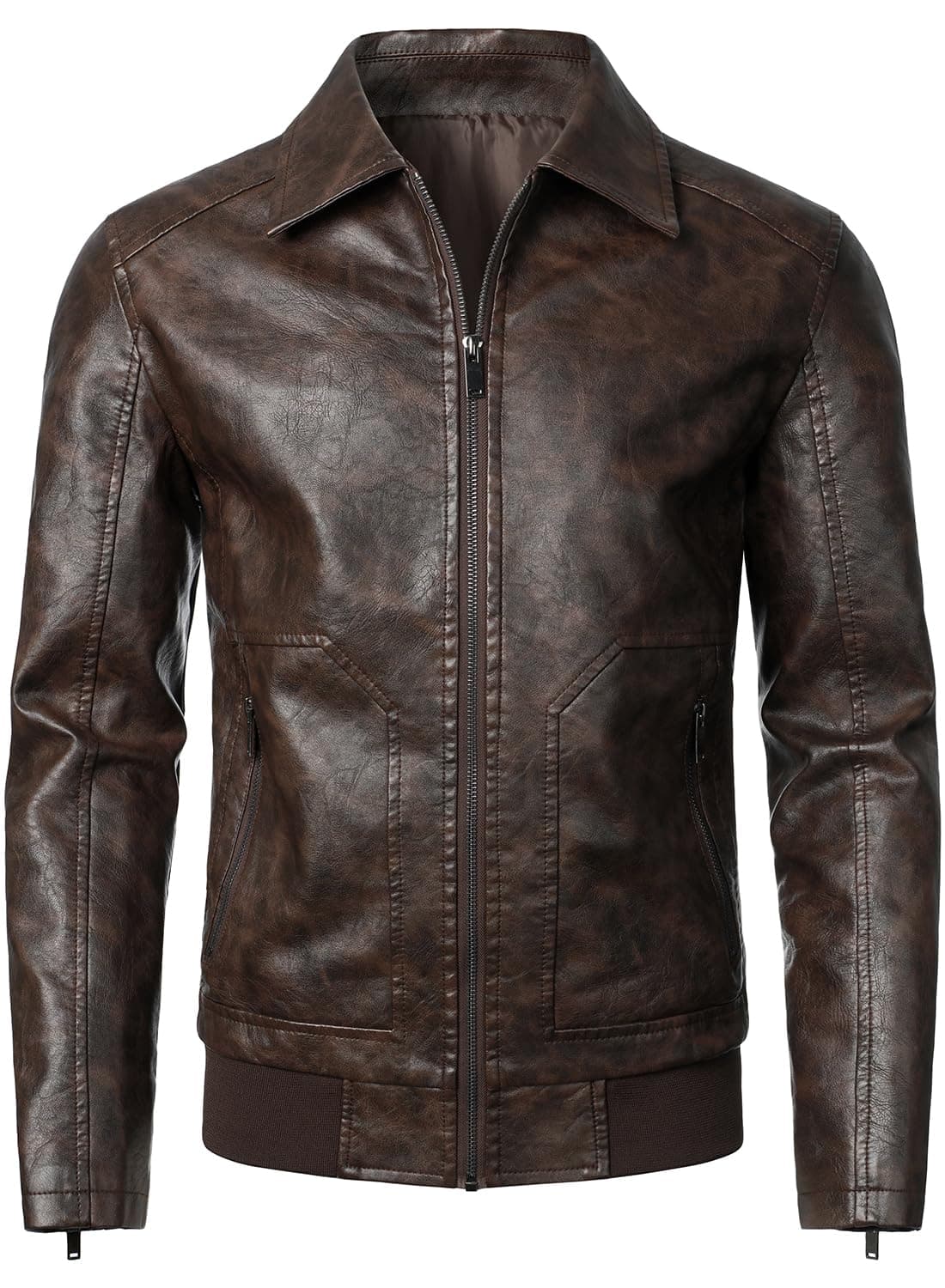HOOD CREW Men's Faux Leather Bomber Jacket Classic Motorcycle Style
