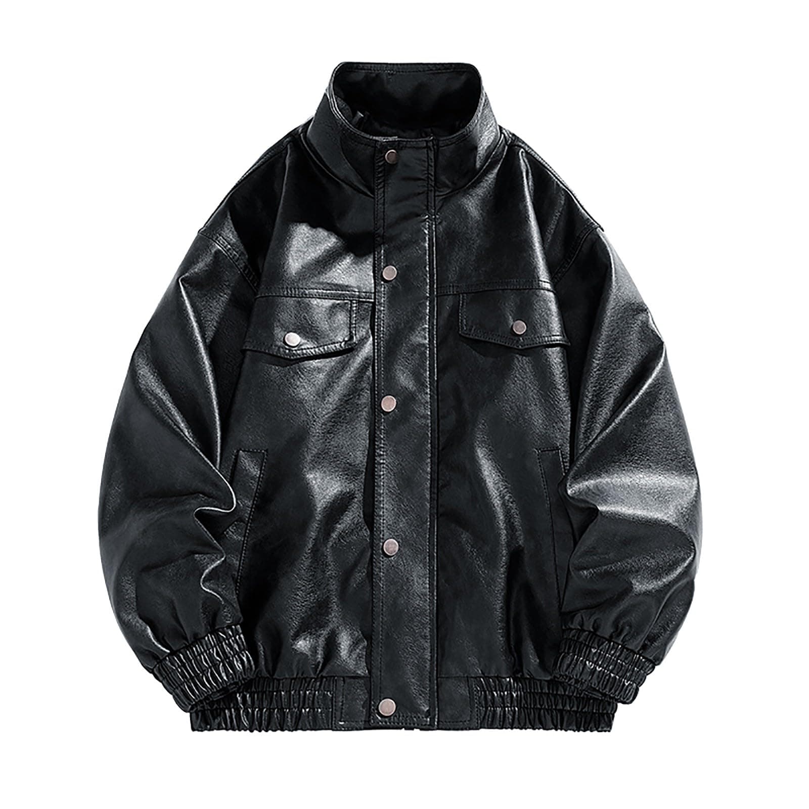 Men's Motorcycle Leather Jacket with Stand Collar and Pockets