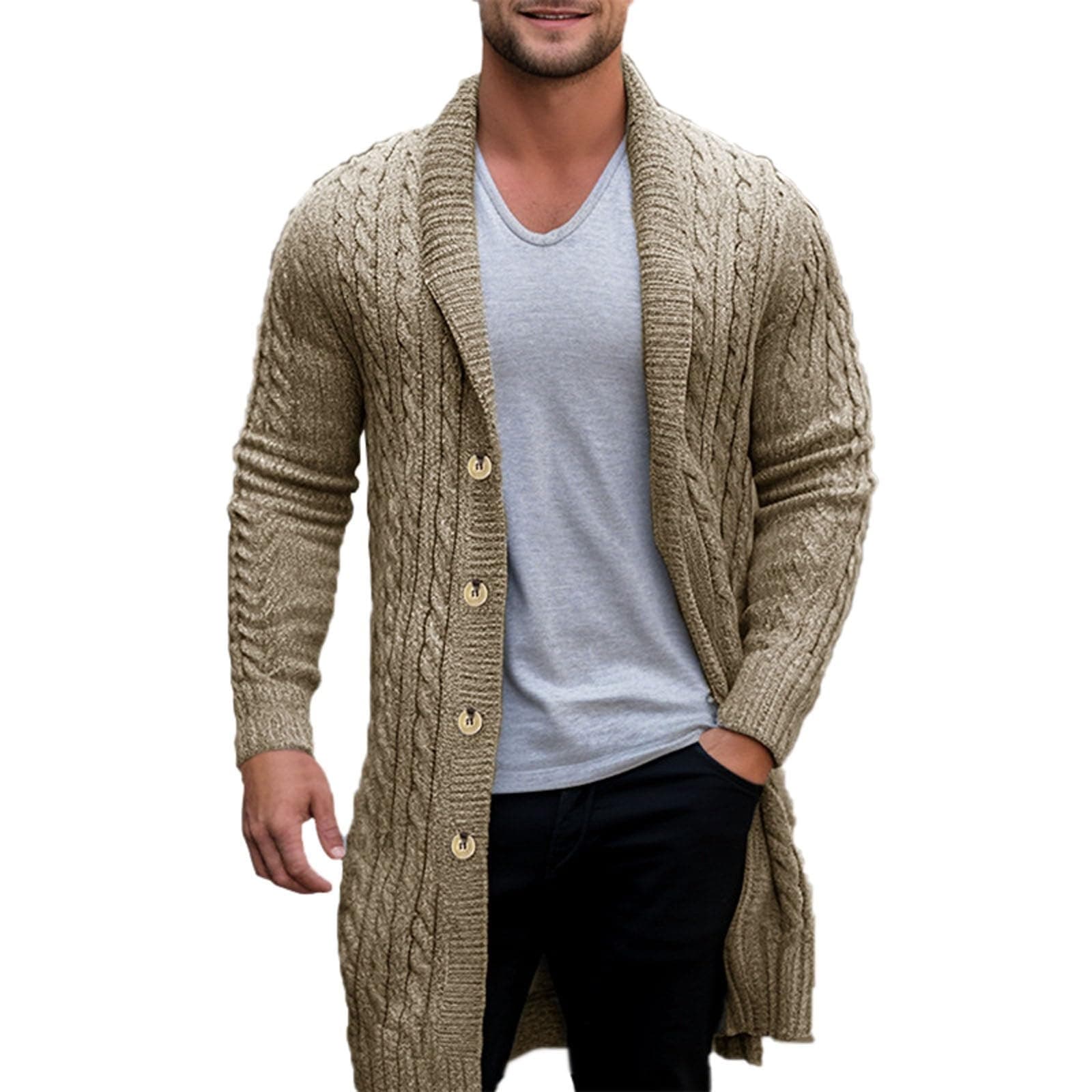 Men's Casual Long Sleeve Knit Cardigan Sweater Open Front Shawl Collar