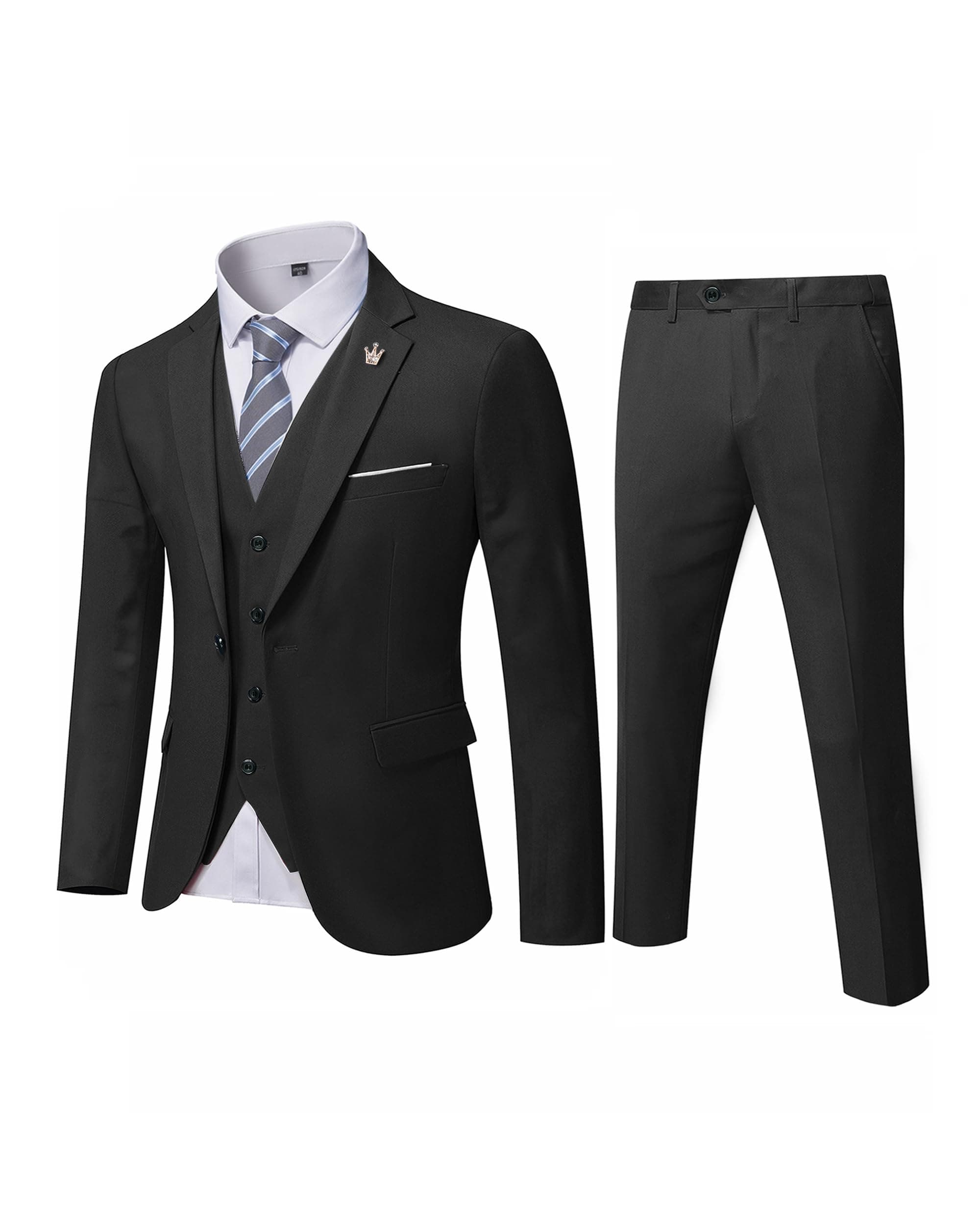 MY'S Men's 3-Piece Solid Suit Set: One-Button Slim Fit Jacket,Vest,Pants+Tie