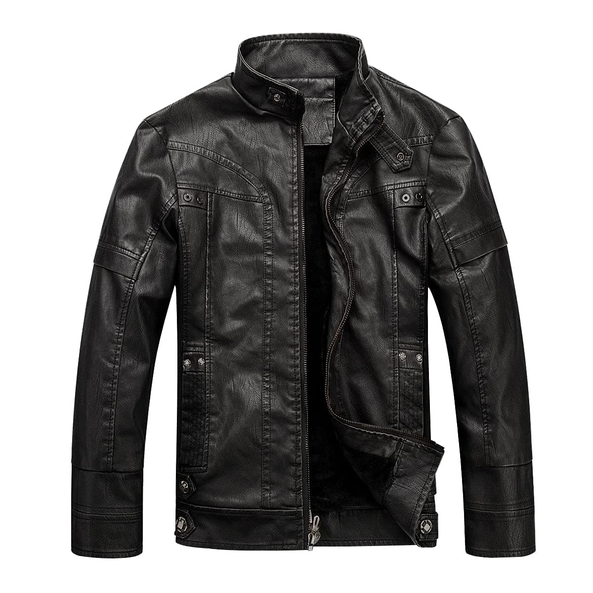 WULFUL Classic Stand Collar Leather Motorcycle Jacket