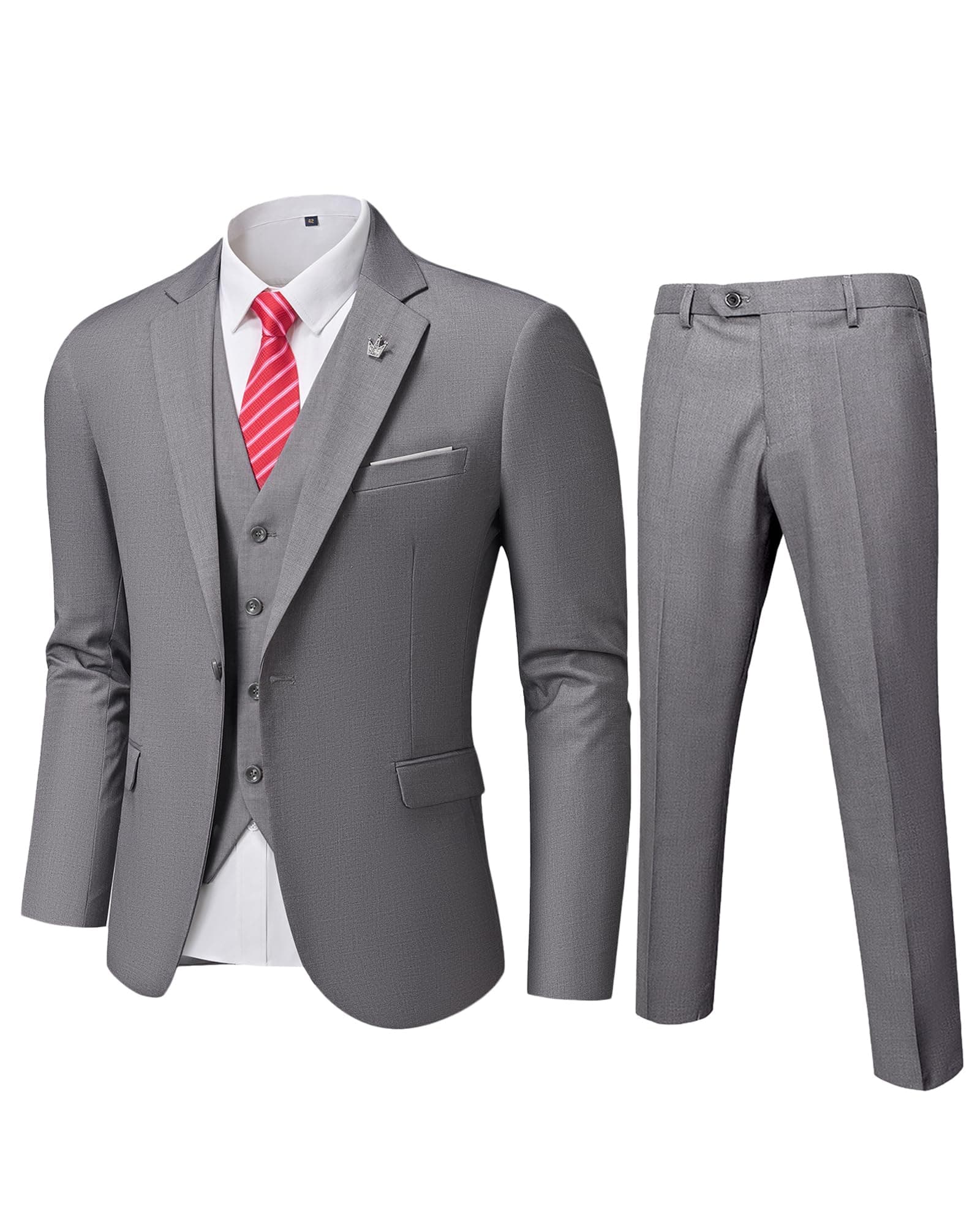 MY'S Men's Slim Fit 3PC Suit Set with One-Button Jacket, Pants & Tie