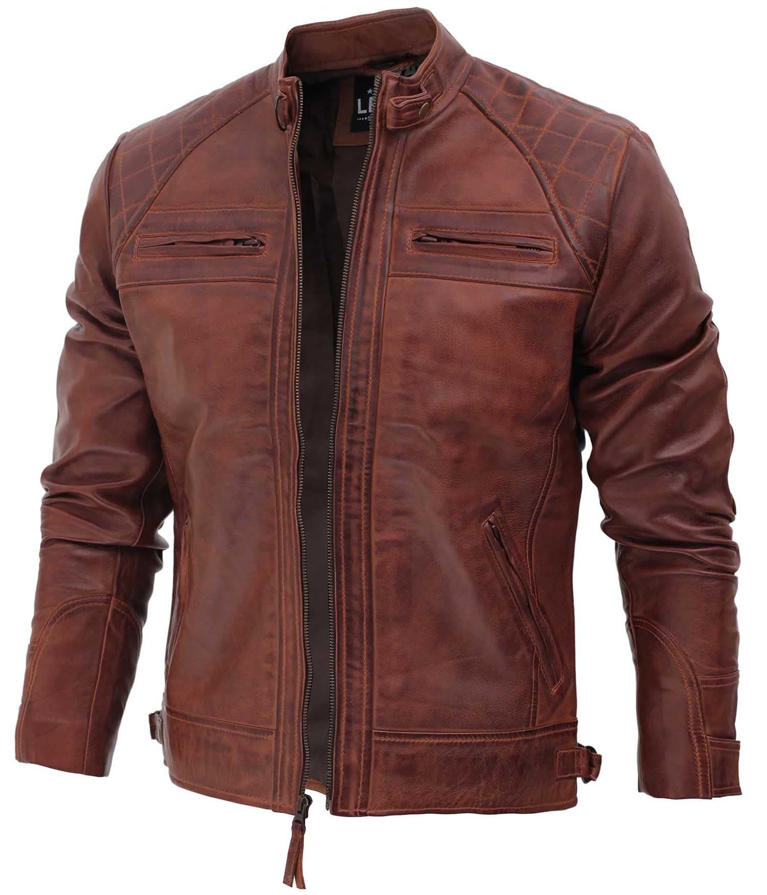 Men's Leather Biker Jacket - Quilted Cafe Racer Zip Up Motor Jacket