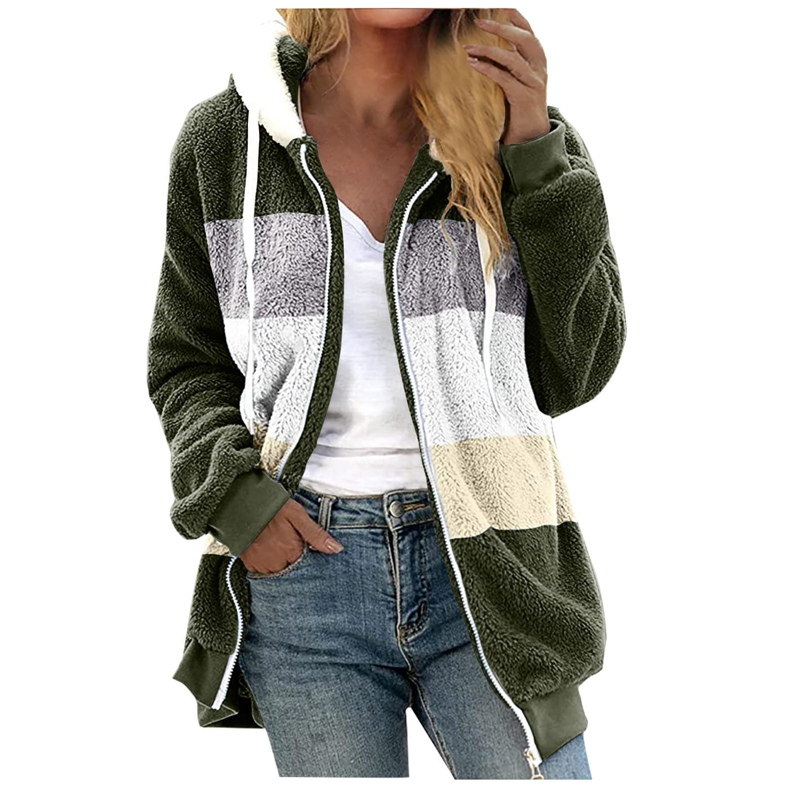 YMADREIG Women's Soft Fleece Sherpa Hooded Winter Jacket Color Block Pockets