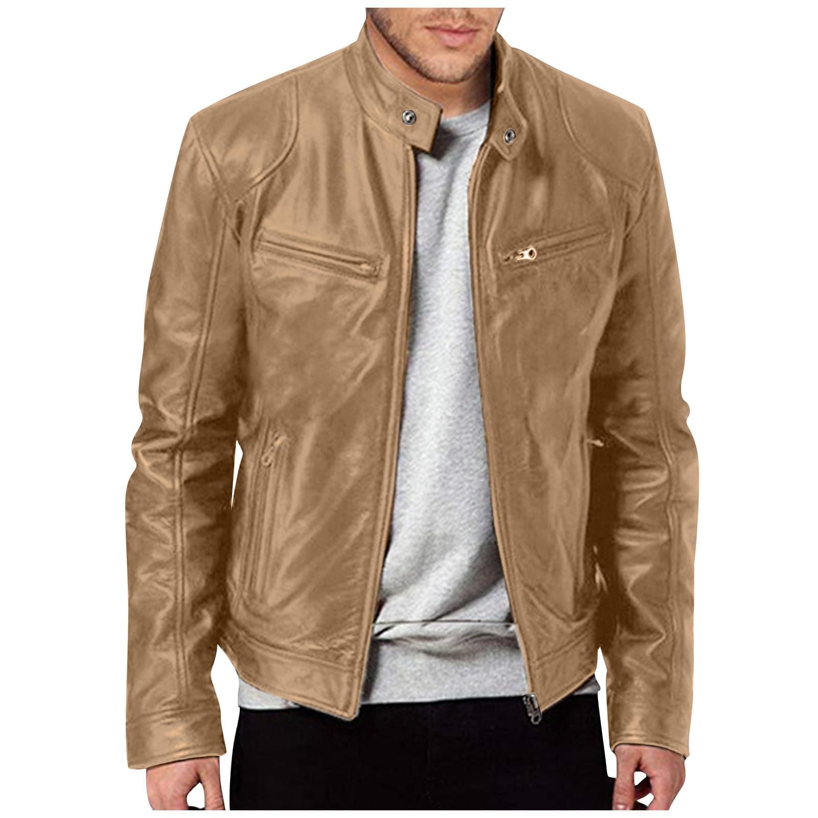 Black Mens Leather Motorcycle Jacket Lightweight Slim Fit Bomber Coat