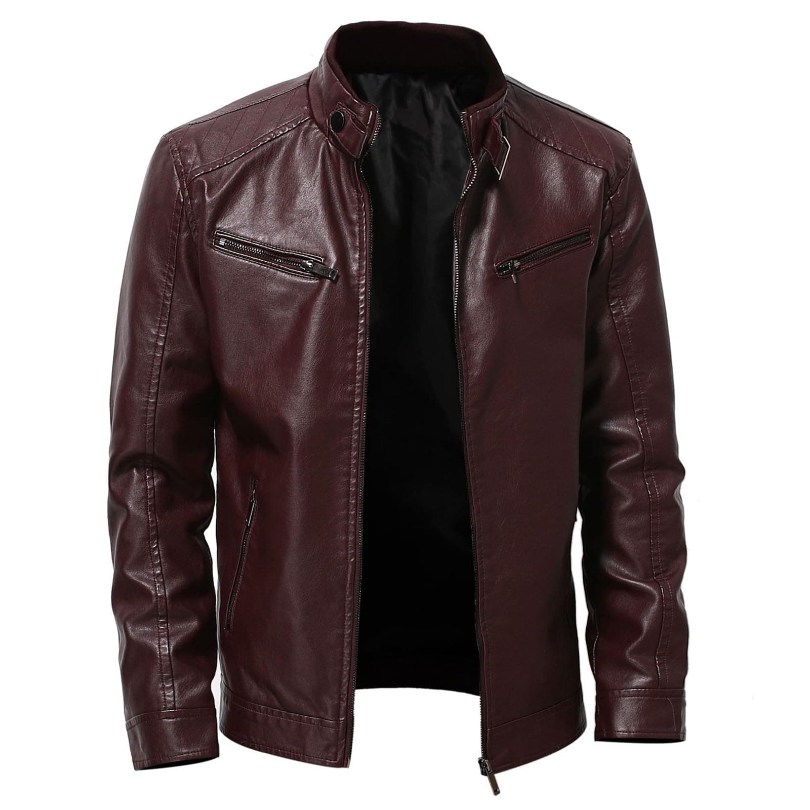 Vintage Men's Leather Stand Collar Faux Biker Jacket | Waterproof Long Sleeve
