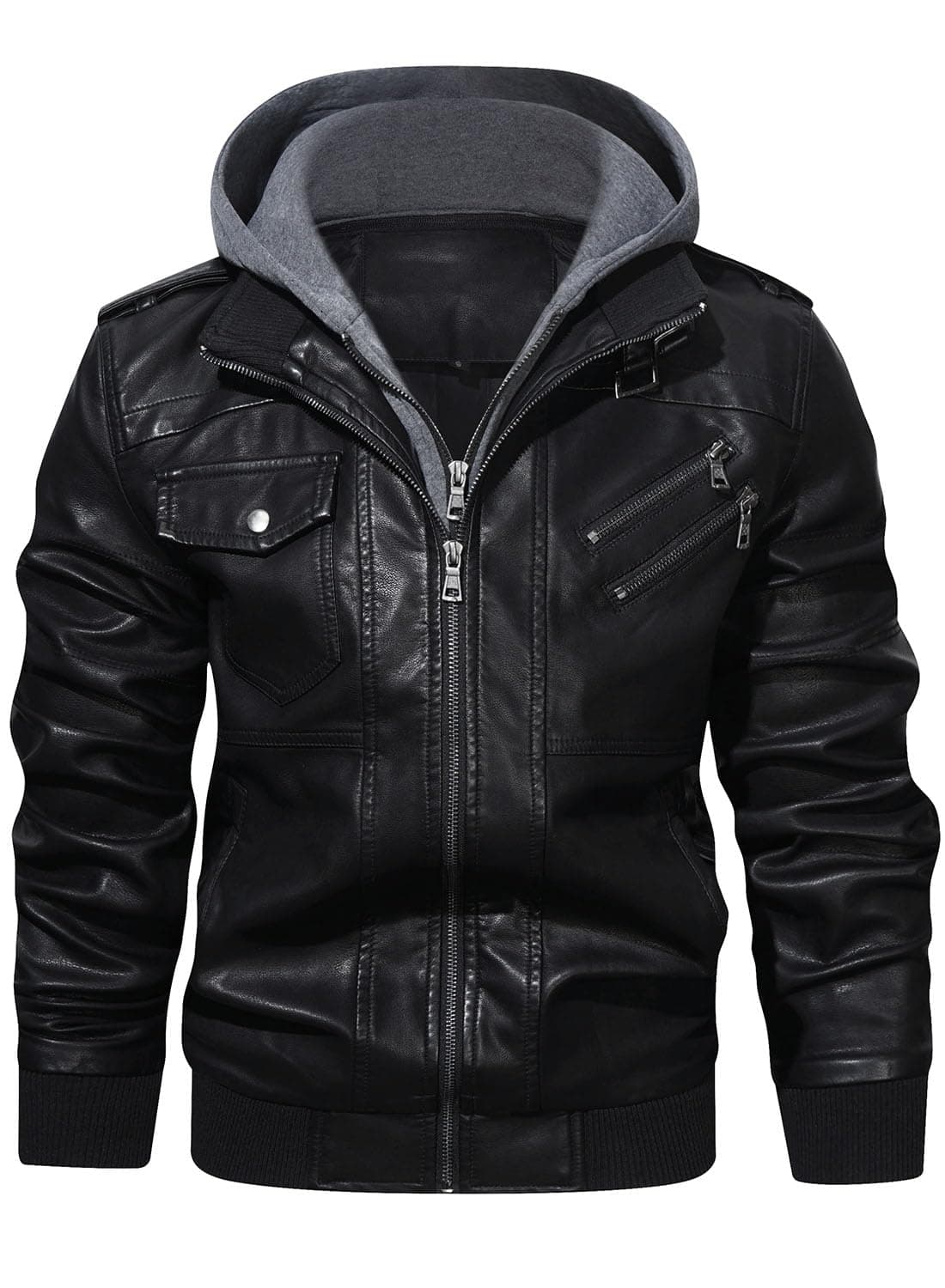 HOOD CREW Men's Casual PU Faux Leather Zip-Up Bomber Jacket with Removable Hood