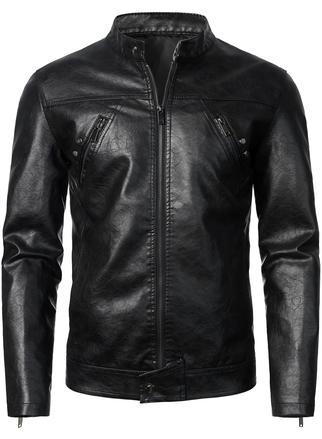 HOOD CREW Men's Lightweight Vintage Faux Leather Biker Jacket
