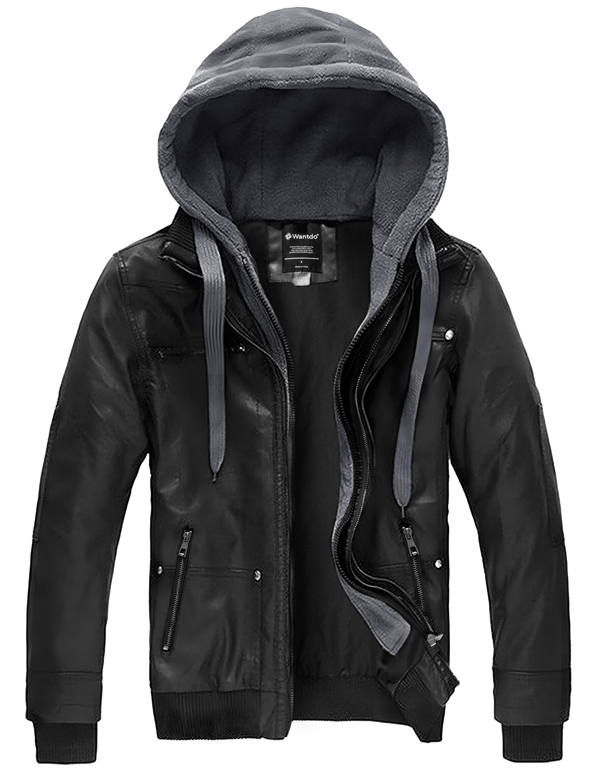 Wantdo Men's Faux Leather Hooded Motorcycle Jacket Warm Winter Coat