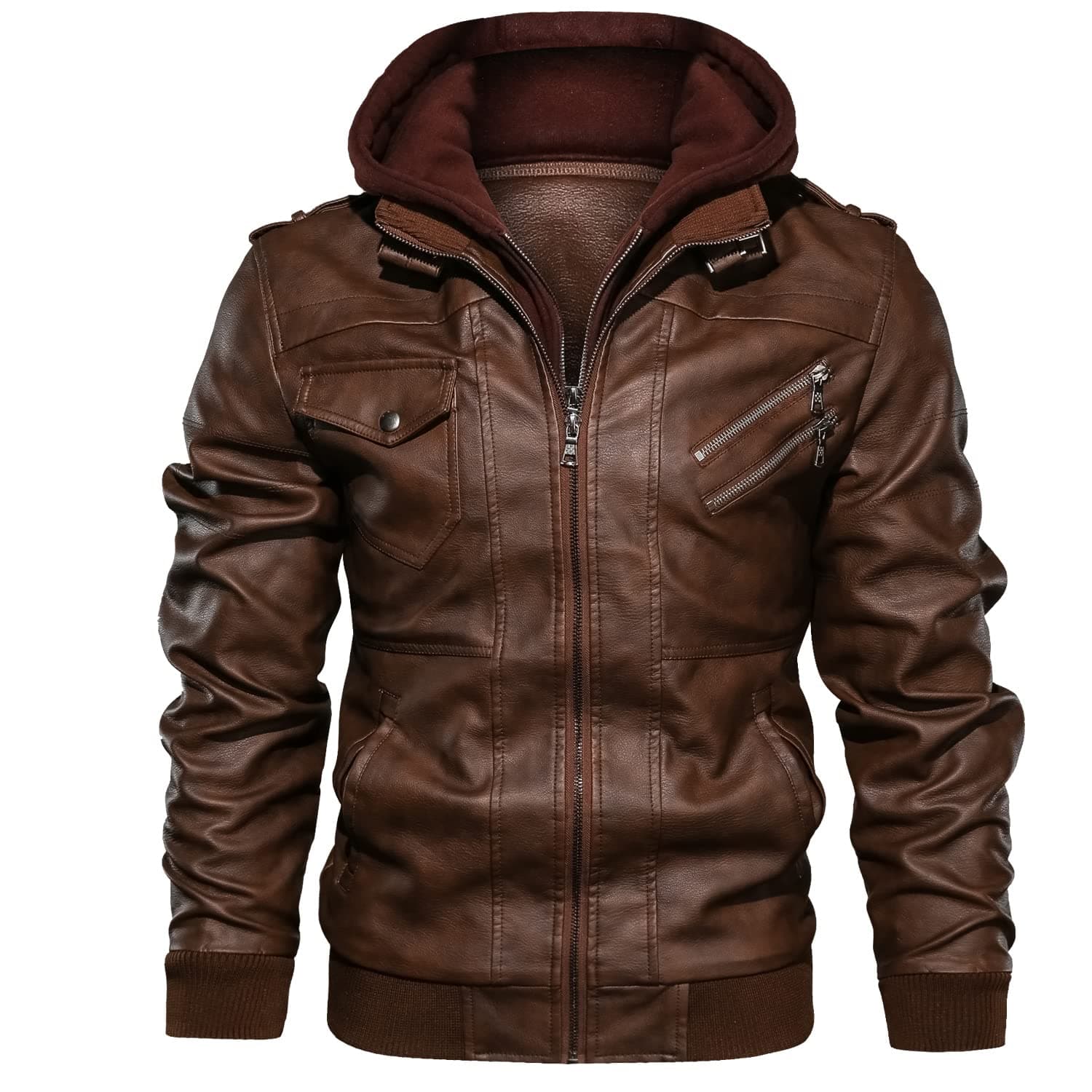 JYG Men's Faux Leather Stand Collar Motorcycle Bomber Jacket with Removable Hood
