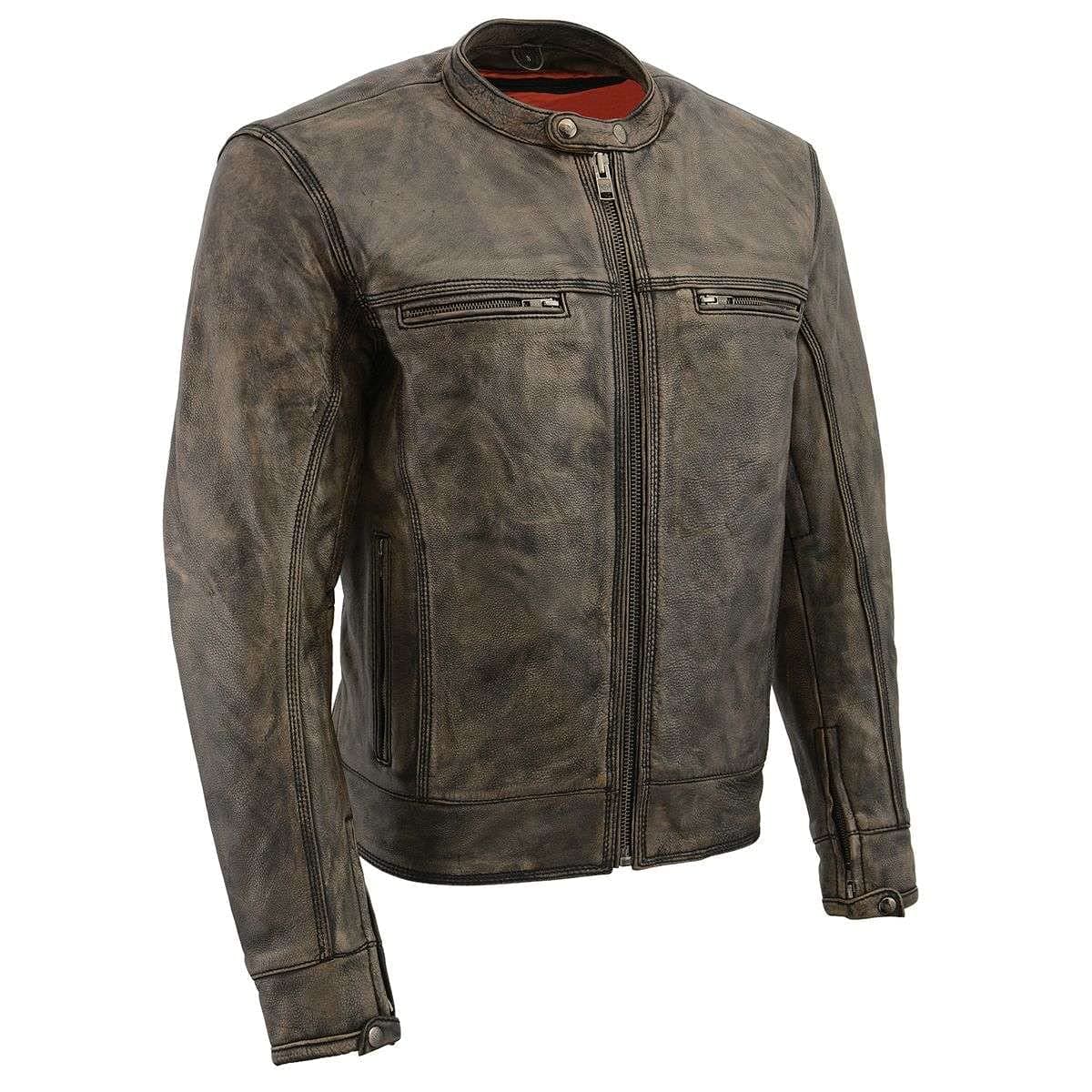 Milwaukee Men's Vented Black-Beige Distressed Leather Scooter Jacket with Liner