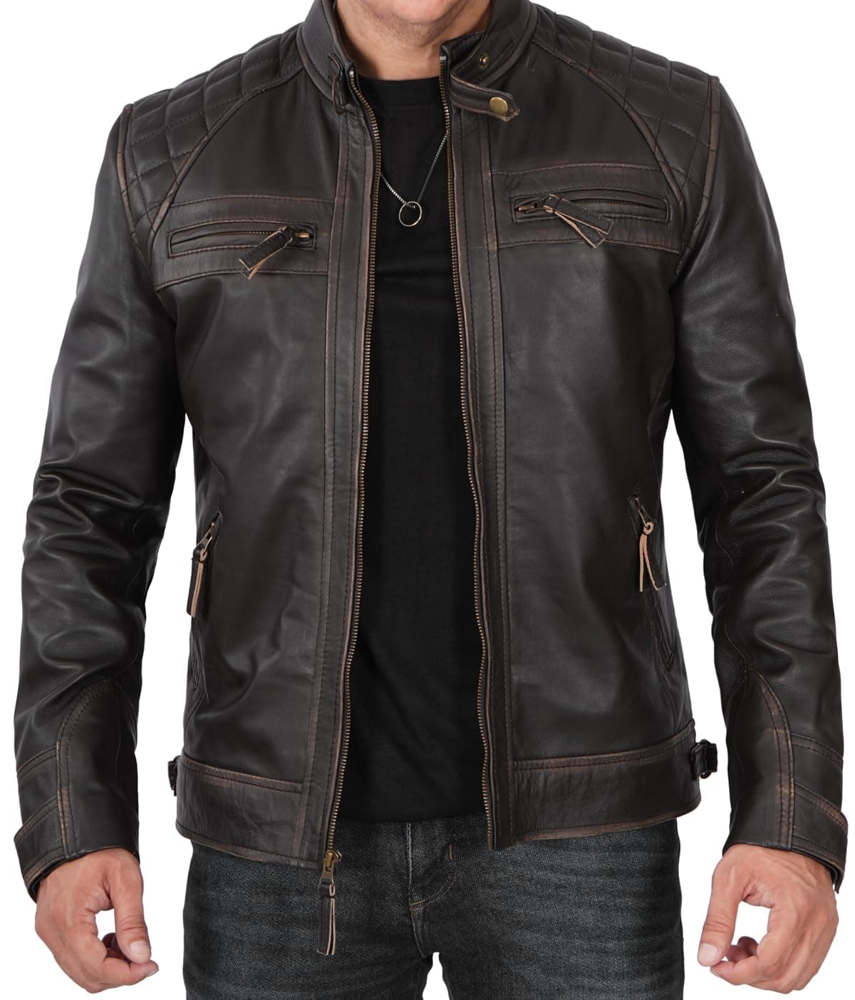 Men's Quilted Cafe Racer Leather Jacket by Blingsoul