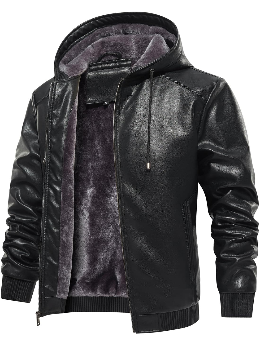 Men's Faux Leather Padded Bomber Jacket with Hood