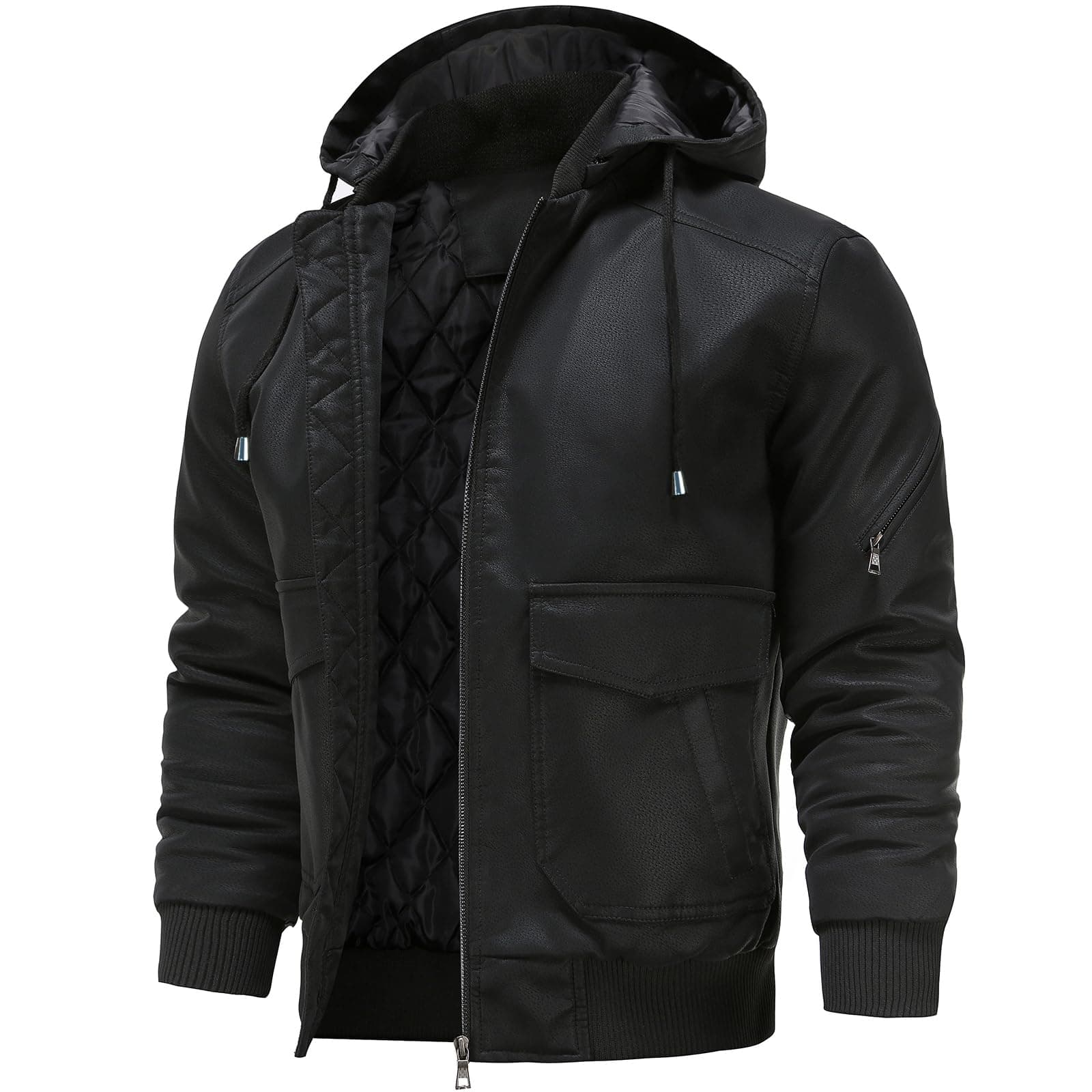 UNTMENU Men's Stand Collar Zip-Up Leather Motorcycle Jacket With Hood