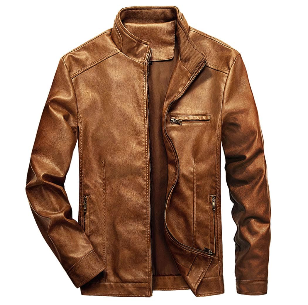 WULFUL Men's Lightweight Stand Collar Faux Leather Motorcycle Jacket